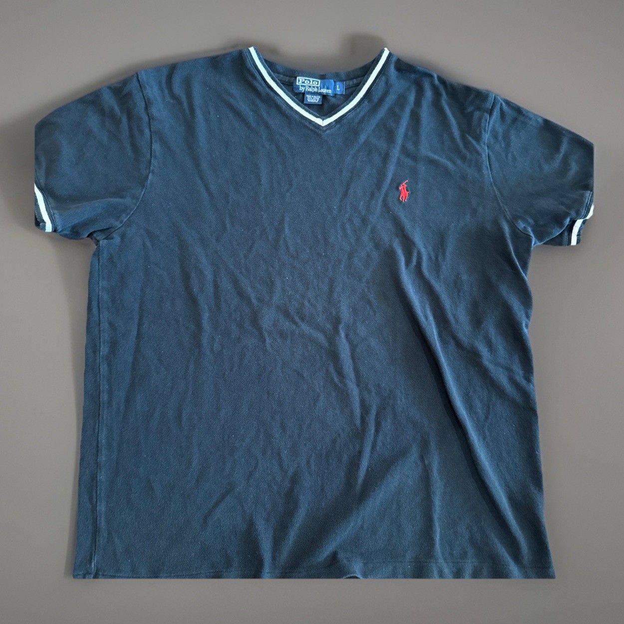 Vintage Polo Ralph Lauren T Shirt Black V Neck Red Pony Logo Sz L White Accents